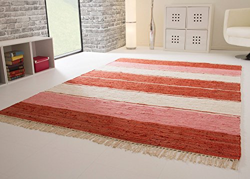 Handwebteppich Indira Colour in Rot - Teppich aus 100% Baumwolle mit Streifen Muster, Größe: 70x250 cm von Steffensmeier