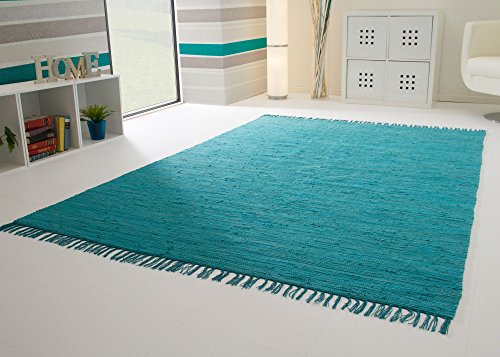 Steffensmeier Handwebteppich Indira in Türkis - Handweb Teppich aus 100% Baumwolle Fleckerl, Größe: 160x160 cm von Steffensmeier