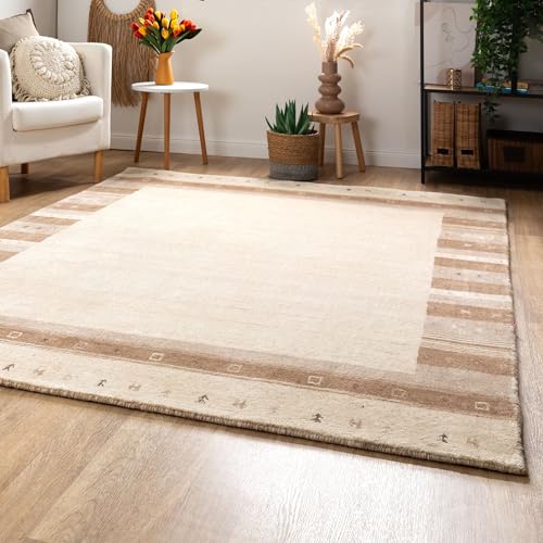 Steffensmeier Gabbeh Teppich Zagros | Wolle, Bordüre Beige, Größe: 140x200 cm Kurzflor Teppich für Wohnzimmer, Ethno Look von Steffensmeier