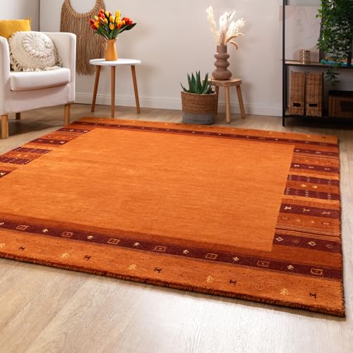 Steffensmeier Gabbeh Teppich Zagros | Wolle, Bordüre Terra, Größe: 70x140 cm Kurzflor Teppich für Wohnzimmer, Ethno Look von Steffensmeier