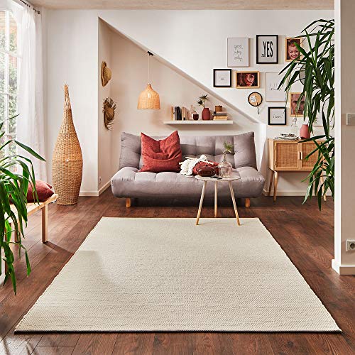 Steffensmeier Handwebteppich Rellenbach | Wolle (Schurwolle), gewalkt, Natur Hell, handgewebt, Größe: 250x250 cm Wohnzimmer und Schlafzimmer von Steffensmeier