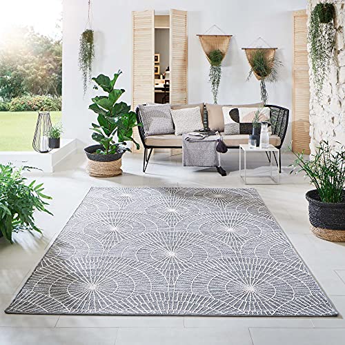 Steffensmeier Indoor Outdoor Teppich Nyland wasserfest Kunststoff Balkon Garten Flur, strapazierfähig und pflegeleicht, Kreise Grau, Größe: 200x250 cm von Steffensmeier