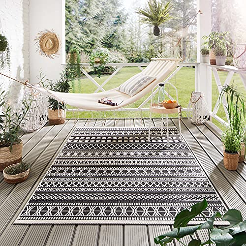 Steffensmeier Indoor Outdoor Teppich Nyland wasserfest Kunststoff Balkon Garten Flur, strapazierfähig und pflegeleicht, Streifen Schwarz, Größe: 200x2 von Steffensmeier