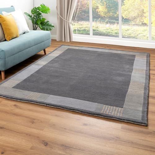 Steffensmeier Nepal Teppich Pokhara | Bordüre | Wohnzimmer | Neuseelandwolle | Rund | Grau, Größe: 200x300 cm von Steffensmeier