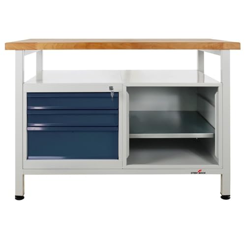 Steinbock Werkbank mit 3 Schubladen, 1 Regal- und Ablageboden | 300 kg Tragkraft | HxBxT 84 x 120 x 60 cm | anthrazitgrau | 4 cm Starke Holzplatte | stabiles Stahlgestell | Made in EU | Werktisch von Steinbock