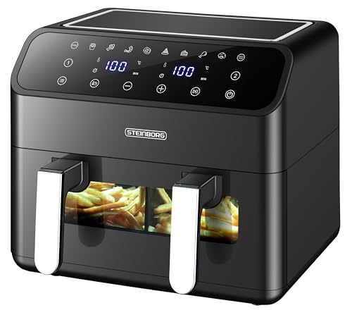 Heißluftfritteuse 2 Kammern 8 Liter Heissluftfritteuse Fritteuse Grillen Backen Dörren Dörrautomat Frittieren XXL Air Fryer Friteuse ohne Öl Heißluftofen Heißluftgrill 4 in 1 Mini Backofen von Steinborg