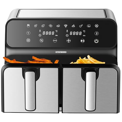 Heißluftfritteuse | 2 Kammern | Heissluftfritteuse | 4 in 1 Mini Backofen | Fritteuse | Dörrautomat | Grillen Backen Dörren Frittieren | Friteuse ohne Öl | Air Fryer | Heißluftofen | Heißluftgrill von Steinborg