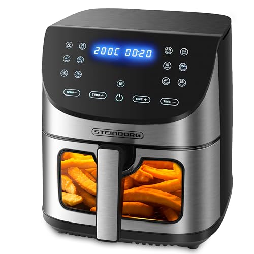 Heißluftfritteuse | 8 Liter | Heissluftfritteuse | 4 in 1 Mini Backofen | Fritteuse | Dörrautomat | Grillen Backen Dörren Frittieren | Friteuse ohne Öl | Air Fryer | Heißluftofen | Heißluftgrill von Steinborg