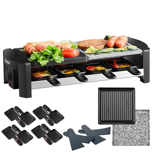 Raclette Grill | 8 Personen | Raclette Gerät | Raclettegrill | Party Grill | Elektro Grill | Tischgrill | Massive Naturstein- UND beschichtete Grillplatte | 1300 Watt | Heizelement aus Edelstahl von Steinborg