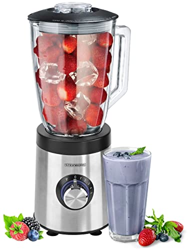 Standmixer | 800 Watt | 6-Fach Metallmesser | 1,5 Liter | 5 Stufen | Glas Edelstahl | Pulsfunktion | Universal Power Mixer | Eiweiß Shaker | Hand Blender | Ice Crusher | Zerkleinerer | Smoothie Maker von Steinborg