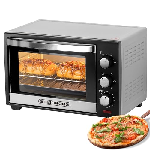 Steinborg® 25 Liter Mini Backofen mit Umluft Pizza Ofen inkl. Backblech und Grillrost Miniofen 60 Min. Timer – 1.600 Watt von Steinborg