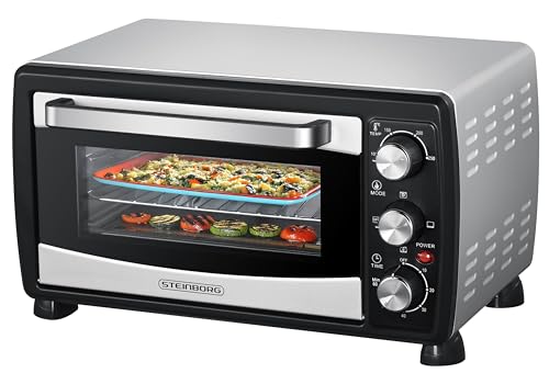 Steinborg® Mini Backofen mit Umluft 20 Liter Pizzaofen Krümelblech Umluftfunktion Ober- und Unterhitze 1.400 Watt Miniofen mit Timer kleiner Backofen für Camping oder Haushalt freistehend von Steinborg