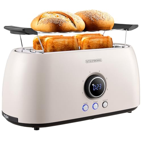 Steinborg Toaster 4 Scheiben mit Brötchenaufsatz Langschlitztoaster Toastautomat Automatische Abschaltung Doppelschlitztoaster Familientoaster Toastgerät LED Display mit Restzeitanzeige (Bulgur Beige) Steinborg Toaster 4 Scheiben mit Brötchenaufsatz Langschlitztoaster Toastautomat Automatische Abschaltung Doppelschlitztoaster Familientoaster Toastgerät LED Display mit Restzeitanzeige (Bulgur Beige) von Steinborg