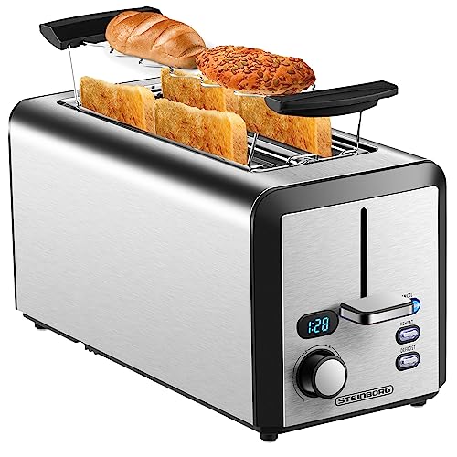 Toaster Langschlitz | 4 Scheiben Toastautomat | XXL | 1500 Watt | 6-Stufen Bräuneregler | Brötchenaufsatz | Auftau-Funktion | Krümelschublade | Edelstahl | Doppelschlitz | LED Display von Steinborg