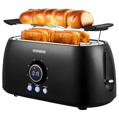 XXL Toaster 4 Scheiben mit Brötchenaufsatz | Toaster Schwarz | Digitales Display | Toastautomat | Automatische Abschaltung | Langschlitztoaster von Steinborg