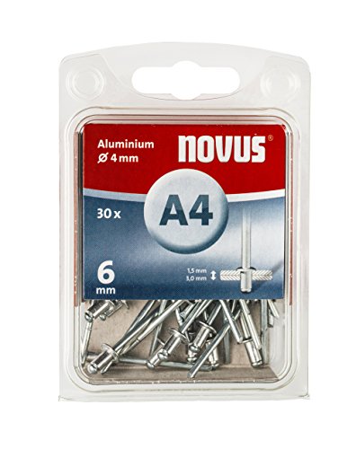 Novus Blindnieten 6 mm Aluminium, 30 Nieten, Ø 4 mm, 3.5-5.0 mm Klemmlänge, zur Befestigung von Kunst-Stoffen und Leder von Novus