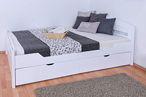 Einzelbett/Gästebett "Easy Premium Line" K5, inkl. 2 Schubladen und 1 Abdeckblende, 140 x 200 cm Buche Vollholz massiv weiß lackiert, inkl. Lattenrost von Steiner Shopping Möbel