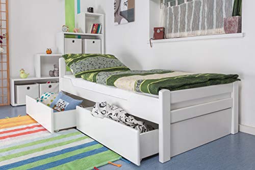 Einzelbett/Gästebett "Easy Premium Line" K1/2n inkl. 2 Schubladen und 2 Abdeckblenden, 90 x 200 cm Buche Vollholz massiv weiß lackiert von Steiner Shopping