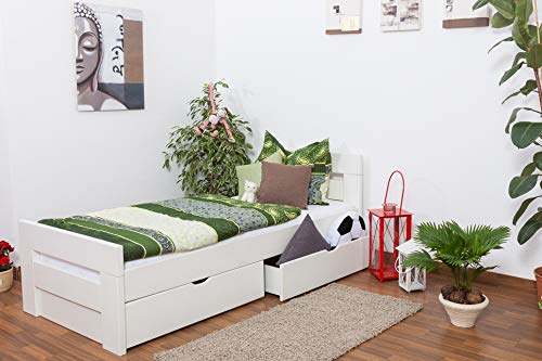 Einzelbett/Gästebett "Easy Premium Line" K2 inkl. 2 Schubladen und 2 Abdeckblenden, 90 x 200 cm Buche Vollholz massiv weiß lackiert von Steiner Shopping