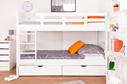 Etagenbett für Erwachsene "Easy Premium Line" K21 inkl. 2 Schubladen und 2 Abdeckblenden, Kopf- und Fußteil gerundet, Buche Vollholz massiv Weiß - 90 x 200 cm (B x L), teilbar von Steiner Shopping