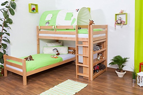 Kinderbett Etagenbett Moritz L Buche Vollholz massiv natur mit Regal, inkl. Rollrost - 90 x 200 cm, teilbar von Steiner Shopping