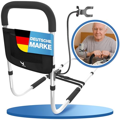 Steinfels® Aufstehhilfe Bett Senioren mit Haltegriff & Handyhalterung – Höhenverstellbar, rutschfest & stabil – Bettgriff mit Tasche – für Pflege-, Senioren- & Boxspringbett, Matratzen & Lattenrost von Steinfels