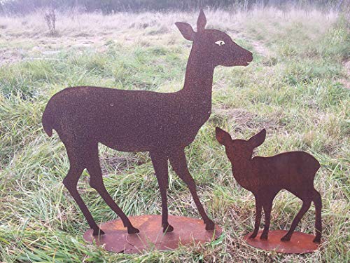 2er Set Stehendes REH MIT REHKITZ Kitz Hirsche Rehe Rost Edelrost Metall Tier + Original Pflegeanleitung von Steinfigurenwelt von Steinfiguren Gießen