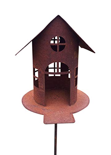 VOGELHAUS MIT Steg Futterhaus ZUM BELEUCHTEN H21cm + Stab Gartenstecker Edelrost Metall + Original Pflegeanleitung von Steinfigurenwelt von Steinfiguren Gießen
