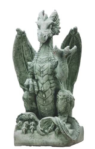 Drache aus Steinguss für den Garten, Gartenfigur Mystisch Drachen Motiv von Steinfiguren Horn
