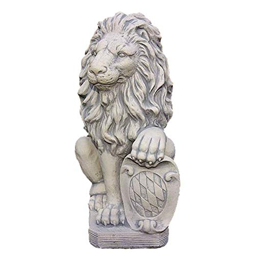 Löwe mit Schild aus Steinguss 54 cm H für den Garten Tierfigur frostfest für den Hauseingang von Steinfiguren Horn