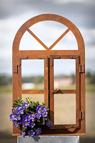 STEINFIGURENWELT GIEBEN Deko Rundbogen Fenster 45 cm hoch zum Öffnen auf Platte Sprossen Rost Edelrost Gartendeko Wetterfest Fensterrahmen Metallfenster von STEINFIGURENWELT GIEBEN