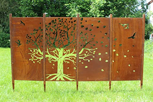 Edelrost Sichtschutz Baum mit Vögel 175 cm x 300 cm Rost Edelrost Gartendeko Metall Paravent Zaun von Steinfigurenwelt von STEINFIGURENWELT GIEBEN