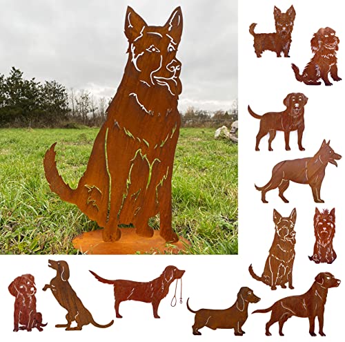 Gartenfigur Hund Schäferhund sitzend groß 80x46cm auf Platte Wetterfest Edelrost Gartendeko Rost Metall Rostfigur Hunde Figur Tier von Steinfigurenwelt von STEINFIGURENWELT GIEBEN