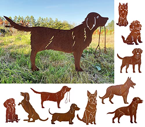 Gartenfigur Hund mit Leine 88x52cm Gartenstecker Edelrost Gartendeko Wetterfest Rost Metall Rostfigur Tier Golden Retriever von Steinfigurenwelt von STEINFIGURENWELT GIEBEN