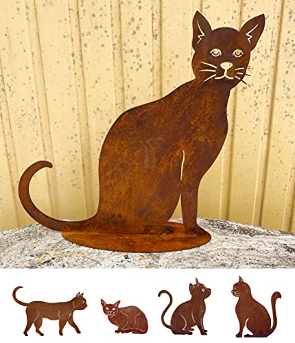 Gartenfigur Katze sitzend und schaut 47x45cm auf Platte Edelrost Wetterfest Rost Metall Rostfigur Katzen Tier von Steinfigurenwelt von STEINFIGURENWELT GIEBEN