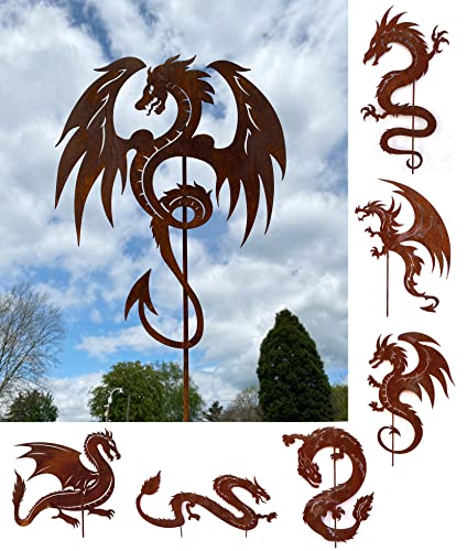 Gartenfigur Mächtiger Drache 60x46cm + Stab Gartenstecker Edelrost Gartendeko Wetterfest Rost Metall Rostfigur Drachen Figur Dragon von Steinfigurenwelt von STEINFIGURENWELT GIEBEN