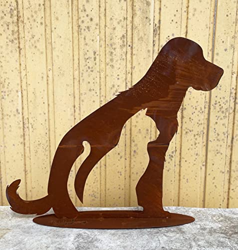 Gartenfigur sitzender Hund mit Katze 50x58cm auf Platte Silhouette Edelrost Gartendeko Rost Metall Rostfigur Tier Gartendekoration von Steinfigurenwelt (Hund) von STEINFIGURENWELT GIEBEN