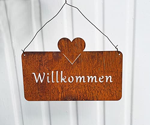 Schild WILLKOMMEN mit Herz 25x16cm zum Aufhängen Edelrost Gartendeko Wandhänger Wandschild Wanddeko Rost Tafel Spruchtafel Metall Türdekoration Geschenk von STEINFIGURENWELT GIEBEN