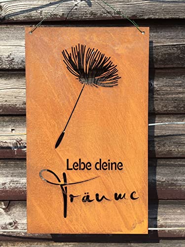 Schild Tafel Lebe Deine Träume 37x22cm mit Pusteblume zum Aufhängen Edelrost Gartendeko Wandhänger Wanddeko Rost Tafel Spruchtafel Metall Türdekoration Geschenk von STEINFIGURENWELT GIEBEN