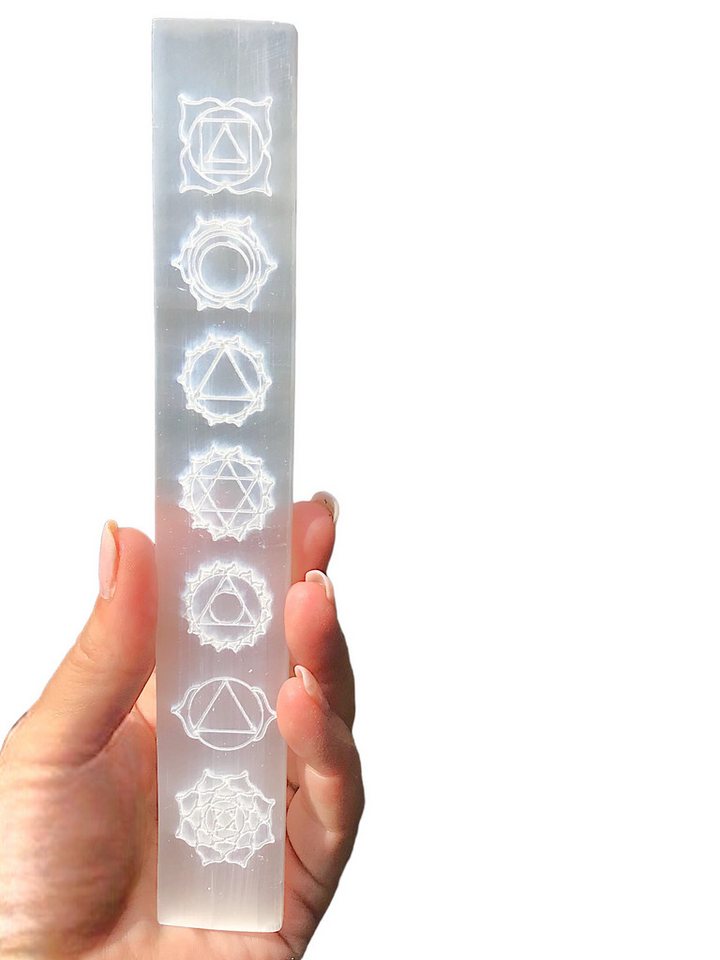 Steinfixx® Dekoteller Echte Selenit Ladeplatte Lineal mit Chakrasymbolen (zum Aufladen Ihrer Edelsteine, große 20 cm lang - in weiß oder bunt), inclusive kleinem Acrylständer zum aufstellen von Steinfixx®