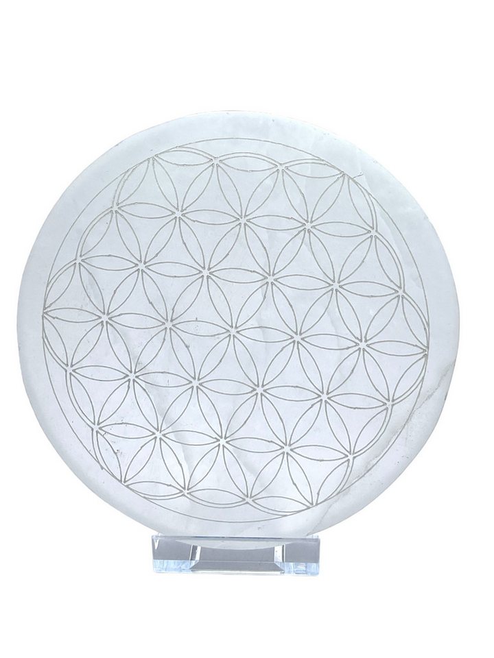 Steinfixx® Dekoteller Selenit Platte mit Gravur Blume des Lebens (Set, 1 St., 1 Platte mit Acrylständer), handgraviert und poliert von Steinfixx®