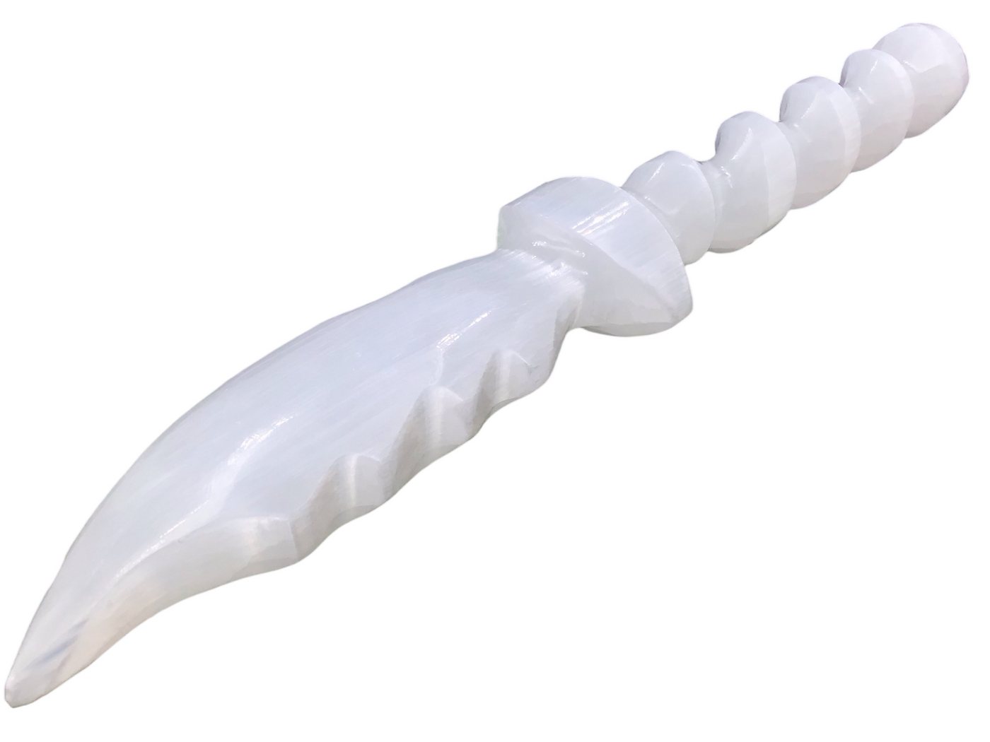 Steinfixx® Skulptur Handgeschnitztes Selenit Ritualmesser mit Griff in Spiralform (Größe 25x4x2 cm - 200 Gramm, mit Acrylständer), Selenit gilt als Lichtbringer, Aufladestein von Steinfixx®