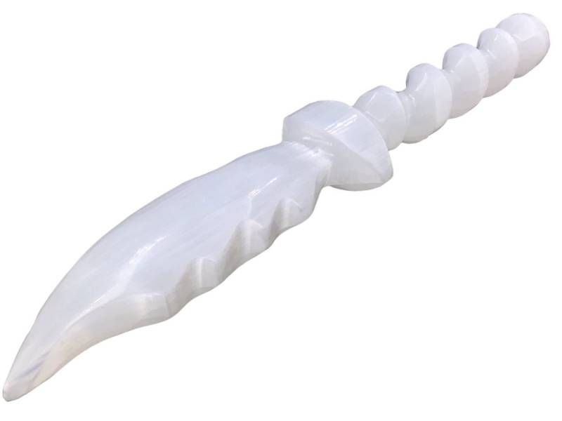 Steinfixx® Skulptur Handgeschnitztes Selenit Ritualmesser mit Griff in Spiralform (Größe 25x4x2 cm - 200 Gramm, mit Acrylständer), Selenit gilt als Lichtbringer, Aufladestein von Steinfixx®