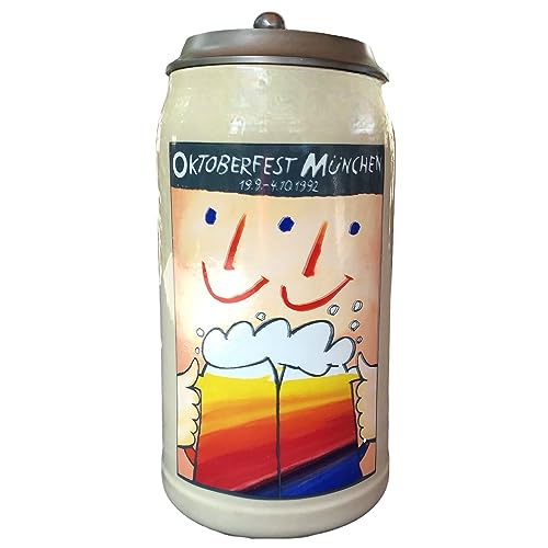 Steinfixx® - Original Oktoberfestkrug 1992 mit Zinndeckel und Zertifikat I Jahrgangskrug I Jahreskrug I Wiesnkrug I Sammlerkrug von Steinfixx