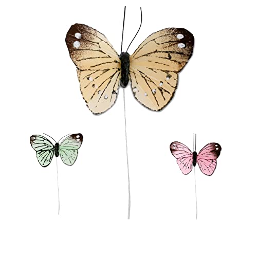 Steingässer Feder Deko-Schmetterlinge gemischt (12 Stück) 5 cm groß - mit Draht zum befestigen - Frühling Osterdeko (gelb) von Steingässer