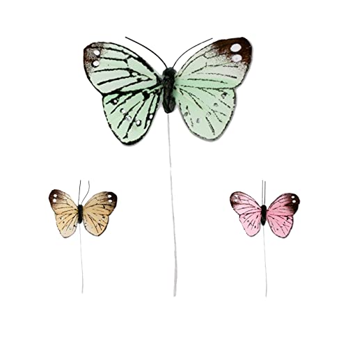 Steingässer Feder Deko-Schmetterlinge gemischt (12 Stück) 5 cm groß - mit Draht zum befestigen - Frühling Osterdeko (grün) von Steingässer