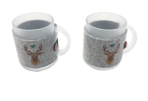 Gilde Teeglas Kaffeebecher satiniert 2er Set mit Filzbanderole und Hirschmotiv 330ml Trinkbecher von Steinnacher