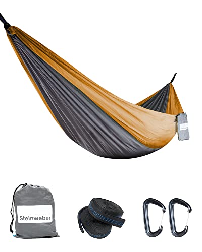 STEINWEBER Ultraleichte Hängematte für Camping & Wandern - Fallschirmseide 285x160cm für 2 Personen - 250kg Traglast (Orange) von Steinweber