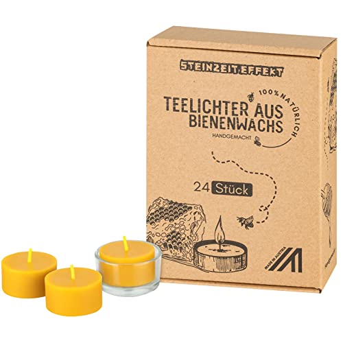 Steinzeiteffekt Teelichter aus Bienenwachs - Handgefertigt vom Bio Imker mit Glas Teelichthalter - FSC Zertifiziert - Pestizidfrei - 100% Naturwachs (24 Stück) von Steinzeiteffekt