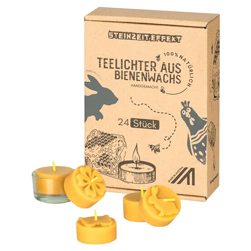 Steinzeiteffekt Teelichter aus Bienenwachs - Ostern Limited Edition - Handgefertigt vom Bio Imker mit Glas Teelichthalter - FSC Zertifiziert (24 Stück) von Steinzeiteffekt